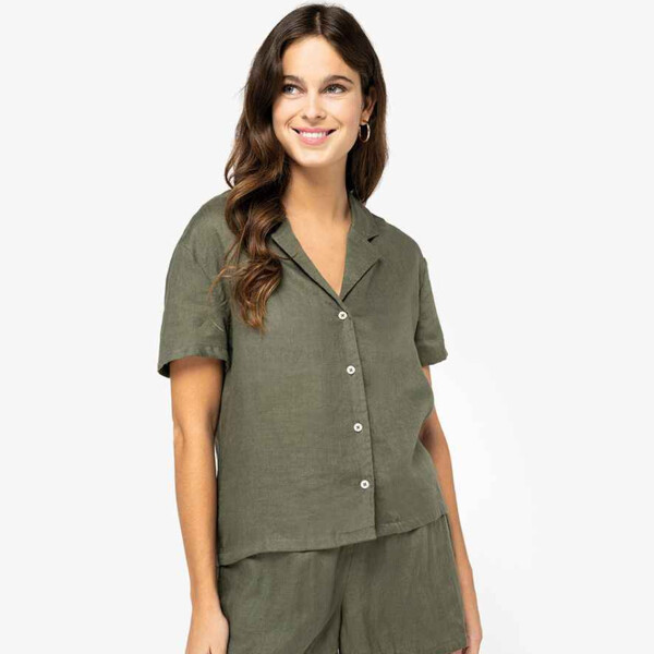 Spasso Ladies Short Sleeve Linen Bowling Collar Shirt Thumbnail